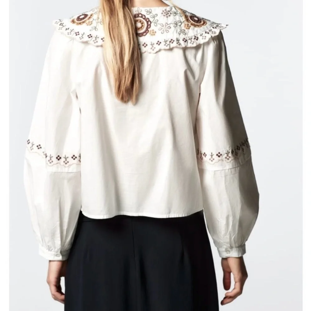Zara Embroidered Poplin White Blouse with Floral Details size M - Picture 3 of 5